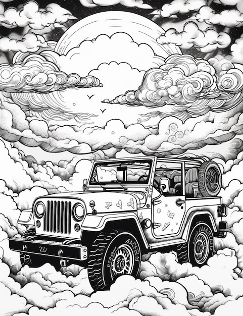 rysunek dżipa jeżdżącego przez chmurne niebo generatywny ai