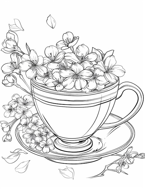 rysunek filiżanki herbaty z kwiatami w niej generatywny ai