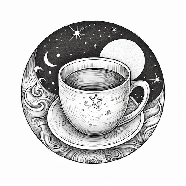 rysunek filiżanki kawy na spodku z gwiazdą na spodku generatywnym ai