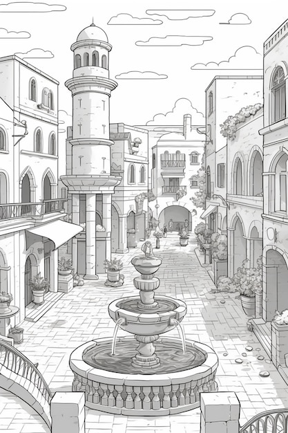 Zdjęcie rysunek fontanny na dziedzińcu z wieżą zegarową