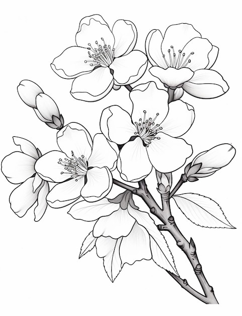 Zdjęcie rysunek gałęzi wiśniowego drzewa z kwiatami generatywny ai
