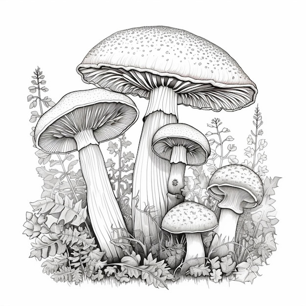 Zdjęcie rysunek grupy grzybów w trawie generatywnej ai