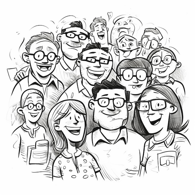 Zdjęcie rysunek grupy ludzi z okularami i człowiekiem generatywnym ai