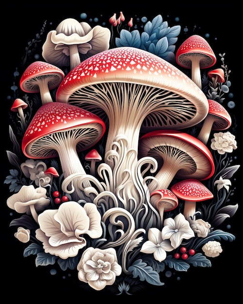 rysunek grzybów i innych grzybów z kwiatami i roślinami.