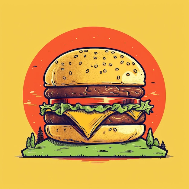 Zdjęcie rysunek hamburgera na czerwonym tle i żółtym tle z czerwonym kręgiem.
