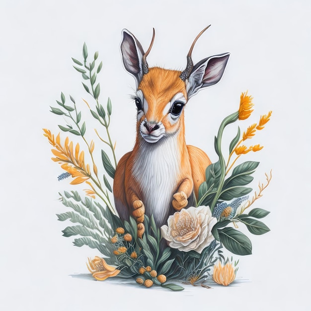 Rysunek jelenia z kwiatami i liśćmi