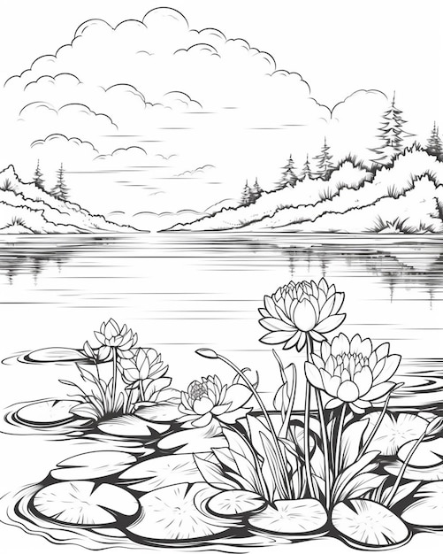 Zdjęcie rysunek jeziora z lilijkami i drzewami generatywnymi ai