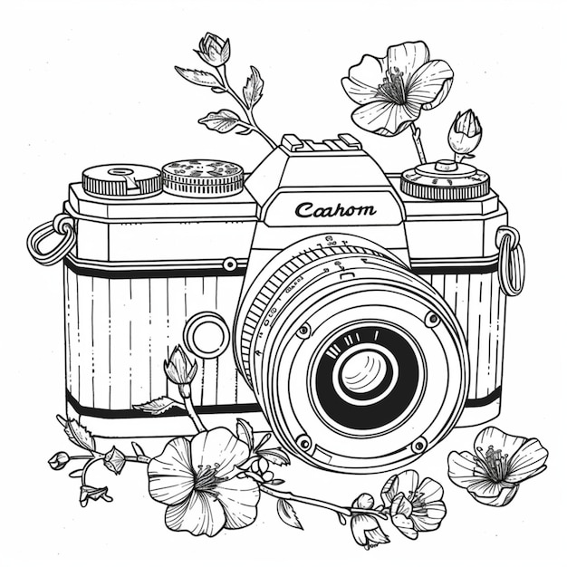 rysunek kamery z kwiatami i słowem soczewka na nim