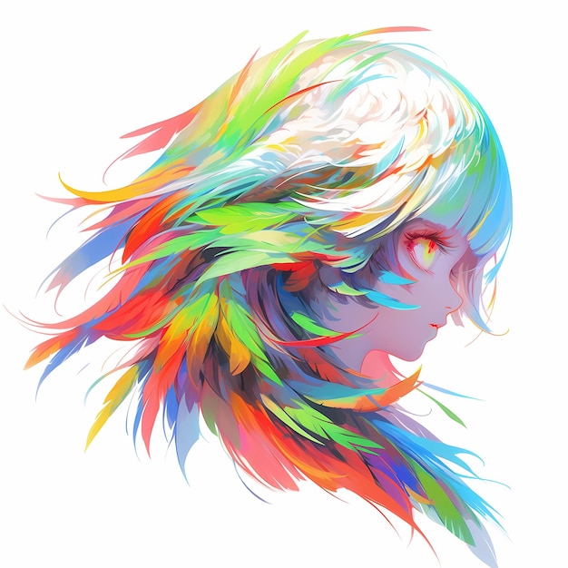 rysunek kobiecego anime z kolorowymi włosami i kolorowymi włosami.