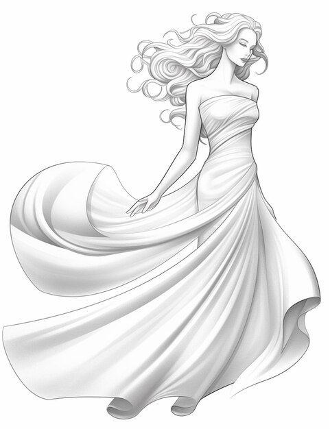 Zdjęcie rysunek kobiety w białej sukience z płynącą spódnicą generatywny ai