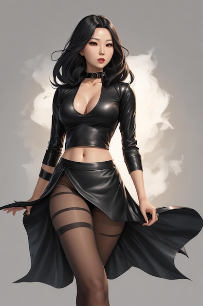 Rysunek kobiety w czarnej sukience z czarną spódnicą i czarną spódnicą.