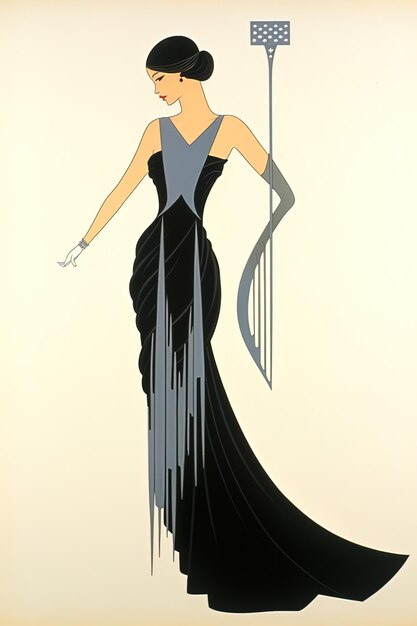 Zdjęcie rysunek kobiety w czarnej sukience z długą czarną sukienką