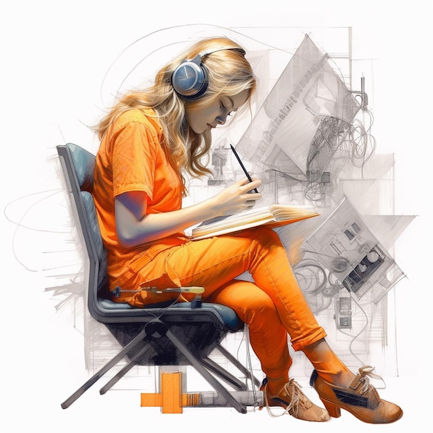 rysunek kobiety w kolorze pomarańczowym siedzi na krześle z ołówkiem w dłoni.