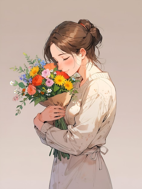 Zdjęcie rysunek kobiety z bukietem kwiatów w ramionach