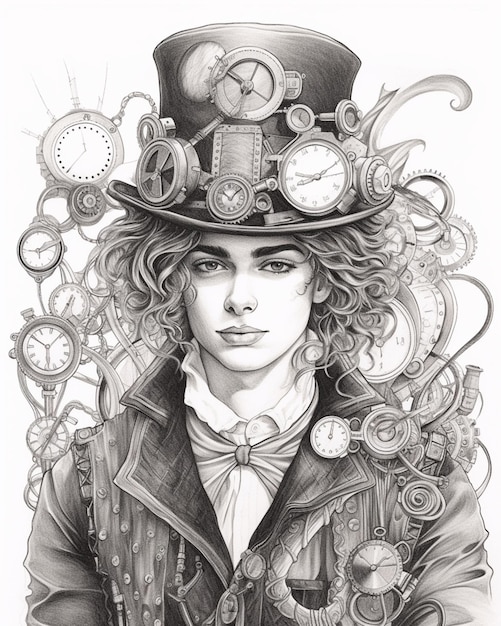 Zdjęcie rysunek kobiety z kapeluszem i steampunkowymi włosami generatywny ai