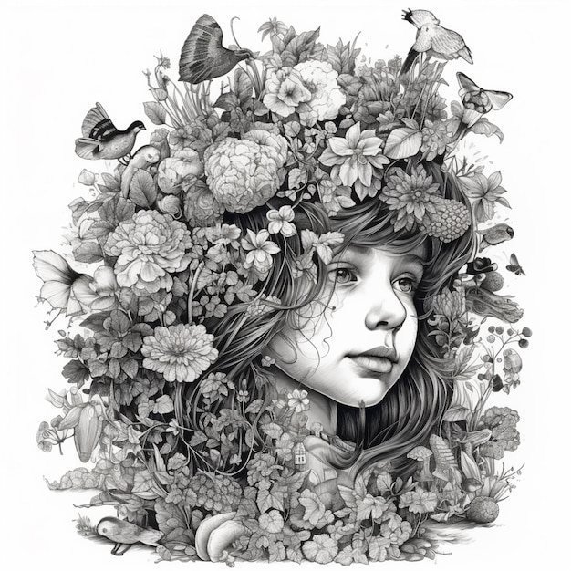 Zdjęcie rysunek kobiety z kwiatami i motylami w włosach generatywny ai