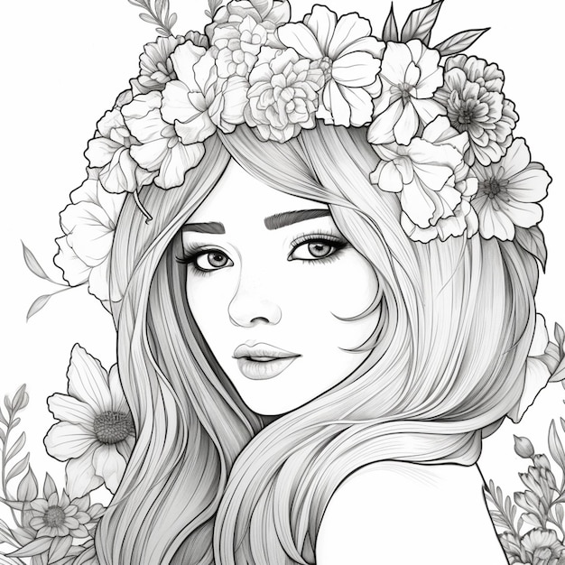 rysunek kobiety z kwiatami w włosach generatywny ai