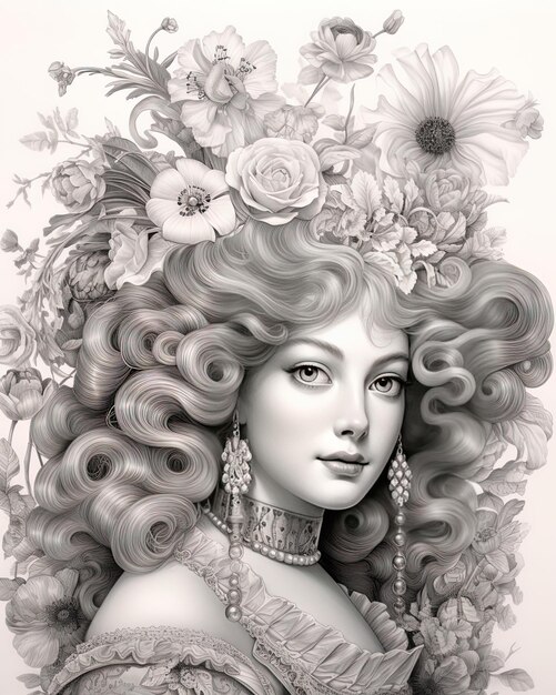 rysunek kobiety z kwiatami w włosach