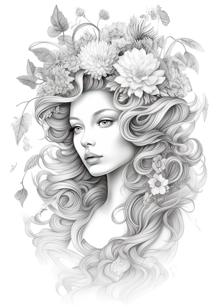 rysunek kobiety z kwiatami we włosach.