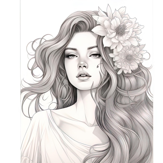 rysunek kobiety z kwiatem w włosach