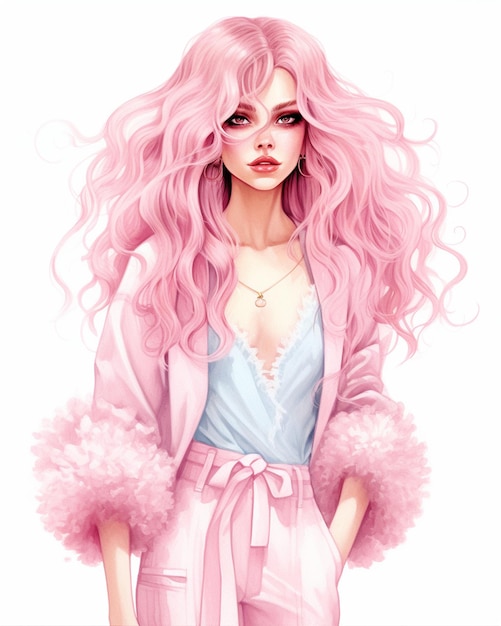 rysunek kobiety z różowymi włosami i różowym futrem.