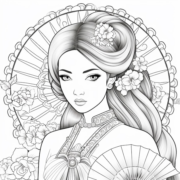 Zdjęcie rysunek kobiety z wentylatorem i kwiatami w włosach generatywny ai
