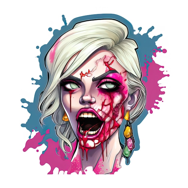 Zdjęcie rysunek kobiety z zakrwawioną twarzą i słowem zombie.