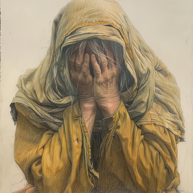 rysunek kobiety z żółtym chustem pokrywającym jej twarz