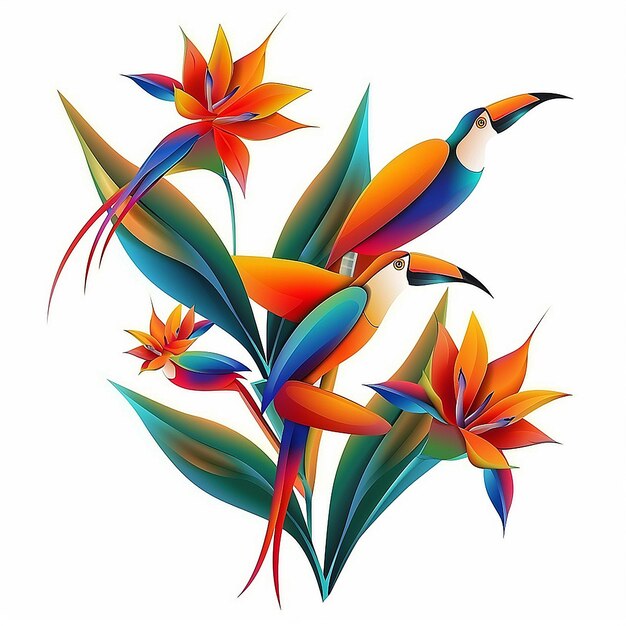 rysunek kolorowych ptaków z kwiatami i liśćmi