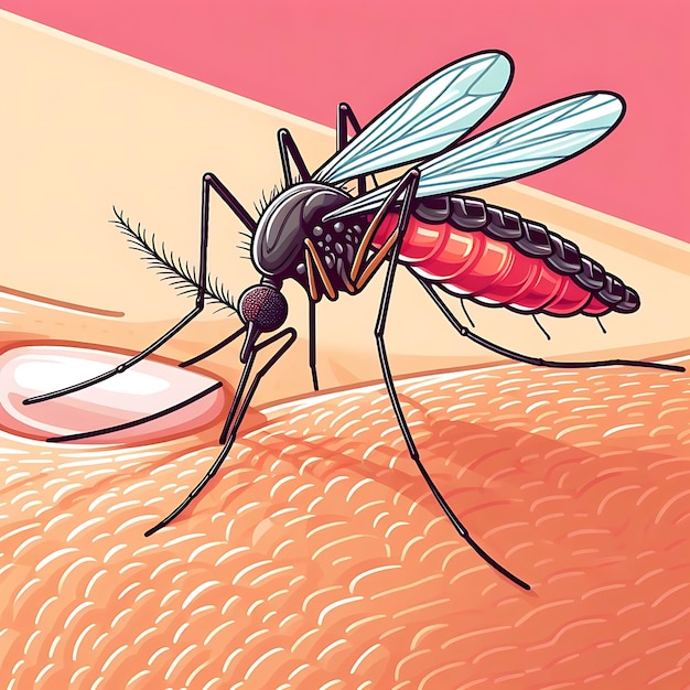 Rysunek komara przenoszącego malarię na czerwonym tle