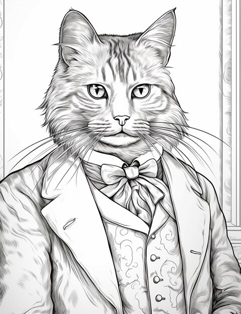 Zdjęcie rysunek kota w garniturze i krawacie siedzącego na krześle generatywny ai