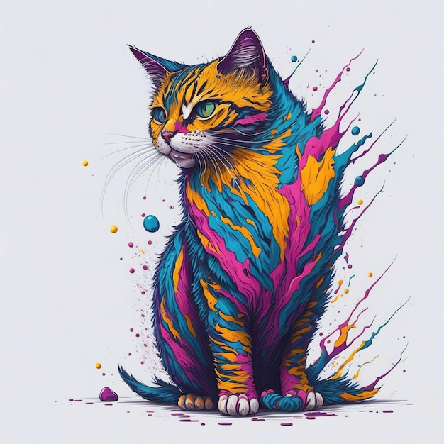 Rysunek kota z kolorowymi plamami farby.