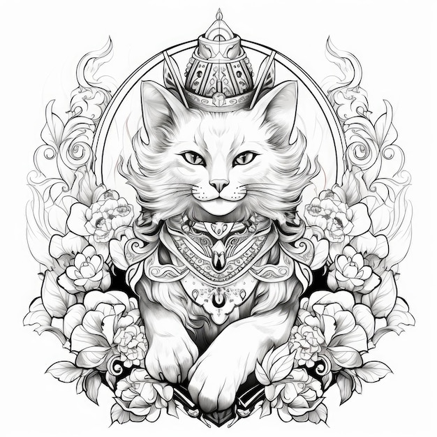rysunek kota z koroną i kwiatami na tle