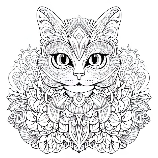 rysunek kota z wzorem kwiatów i głową kota