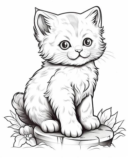 Zdjęcie rysunek kotka siedzącego na pniu z liśćmi generatywnymi ai