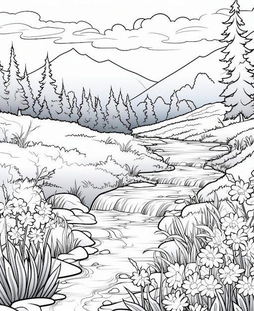 rysunek krajobrazu górskiego z rzeką i drzewami.