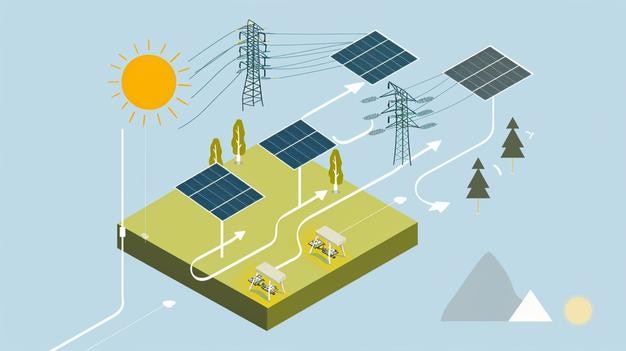 rysunek kreskówki elektrowni słonecznej z słońcem za nią