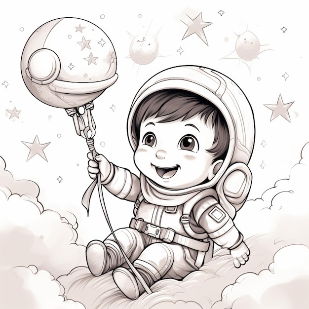 Rysunek kreskówki małego chłopca w garniturze kosmicznym trzymającego balon generatywny ai