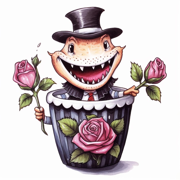 Zdjęcie rysunek kreskówki mężczyzny w czapce wysokiej trzymającego różę generatywną ai