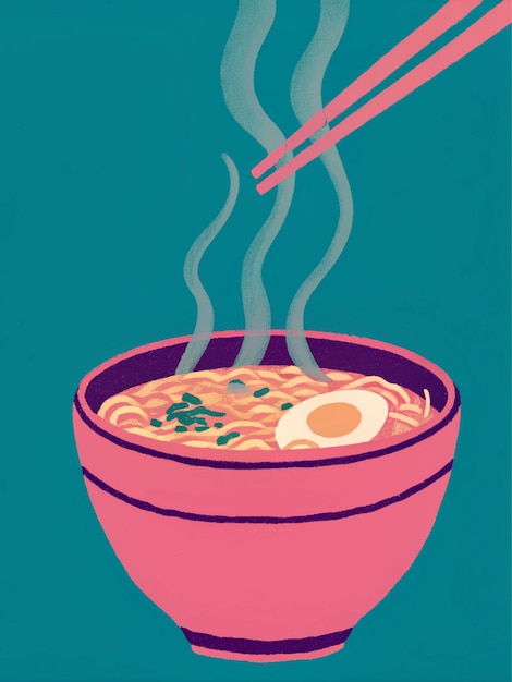 rysunek kreskówki miski ramen z pałeczką do jedzenia