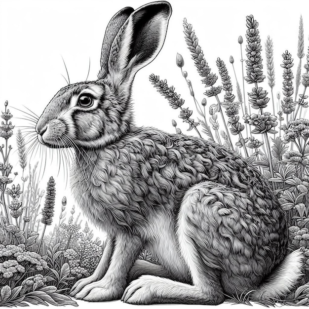 rysunek królika na polu roślin i kwiatów