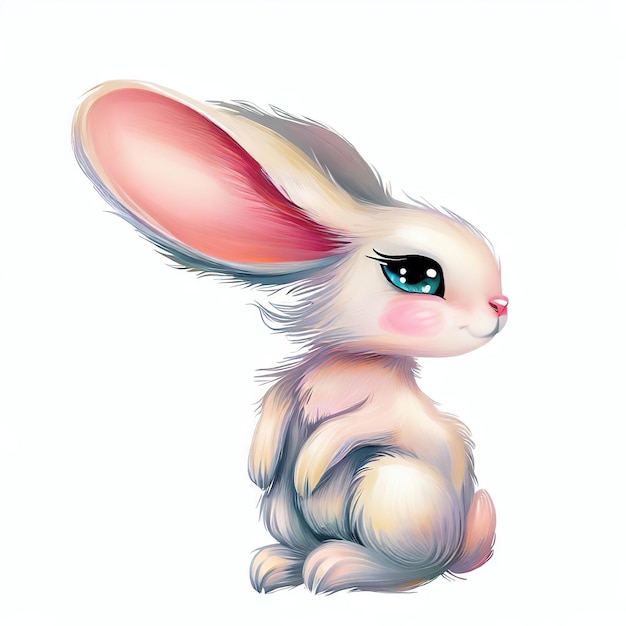 Rysunek królika o niebieskich oczach i dużym uchu.