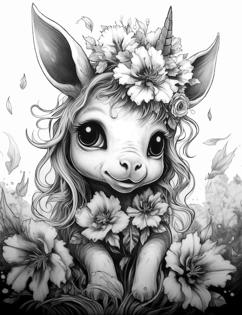 Rysunek królika z kwiatami we włosach