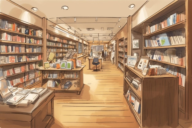 Rysunek księgarni z półką na książki pośrodku.
