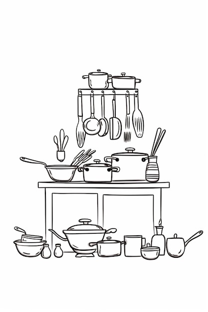 Zdjęcie rysunek kuchni z garnkami i patelniami na stole generatywny ai