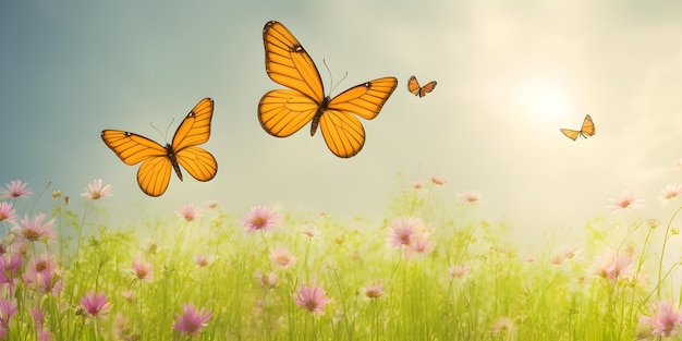 Rysunek kwitnącej łąki kwiaty i motyle lato ilustracji ai generowane