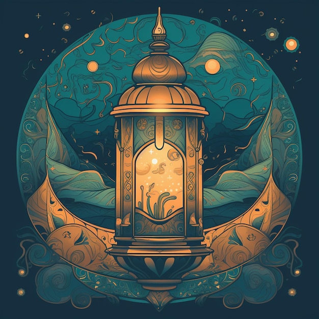 Rysunek latarni z księżycem w tle
