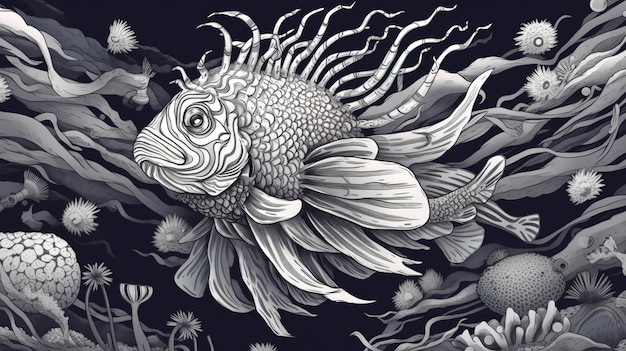 rysunek linii ryby w czerni i bieli