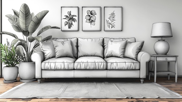Rysunek liniowy kanapy z lampą i rośliną domową na białym tle Monochromatyczna nowoczesna ilustracja