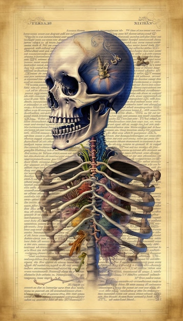 rysunek ludzkiego szkieletu z niebieską czapką.